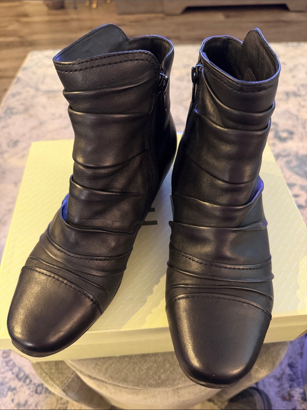 Women's Wide Black Leather Ankle Boots with Ruched Detail